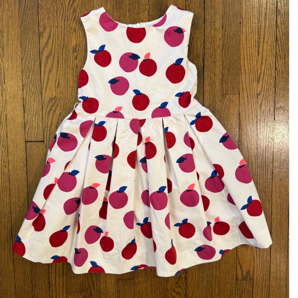 Jacadi Paris Girls White Red Pink Apple Print Pleated Cotton Dress Size 4A 104cm
